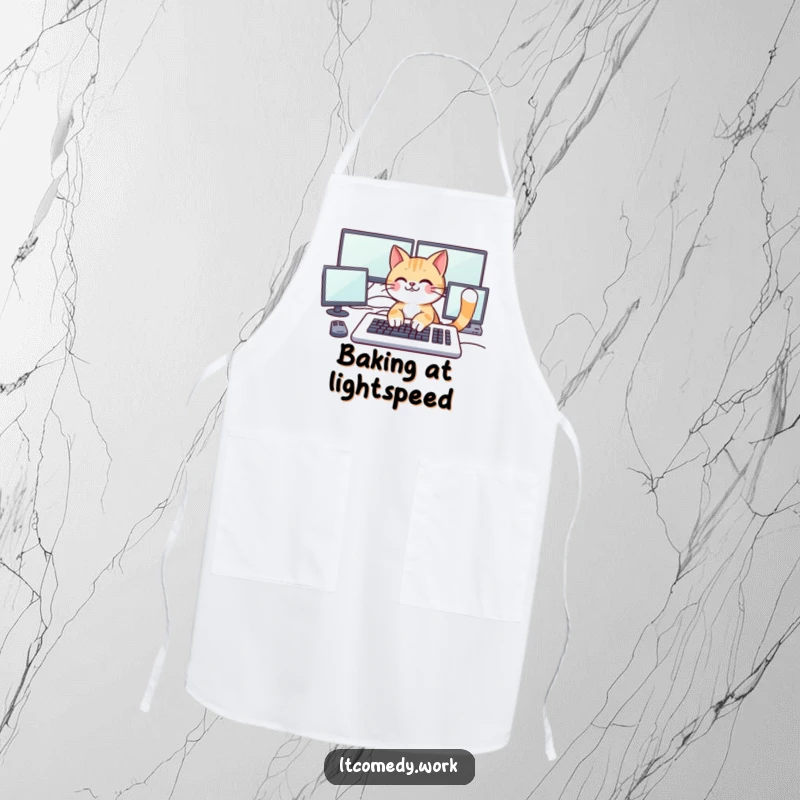 Funny playful cat character typing on a large keyboard with multiple monitors, on an apron for humorous multitasking.