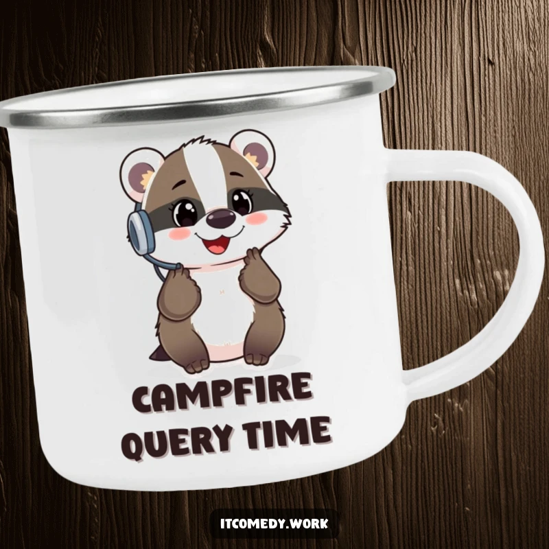 Funny Badger Support Camping Mug with a cheerful badger wearing a headset, perfect for outdoor help, an adventurous funny gift.