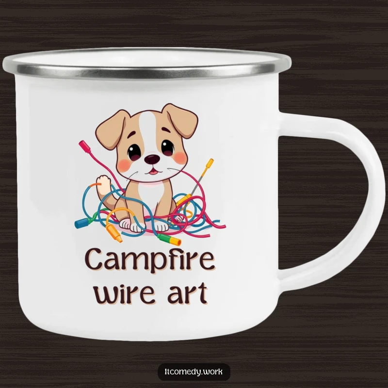 Funny curious dog character examining a tangled mess of colorful wires, on a camping mug for humorous outdoor tech trips.