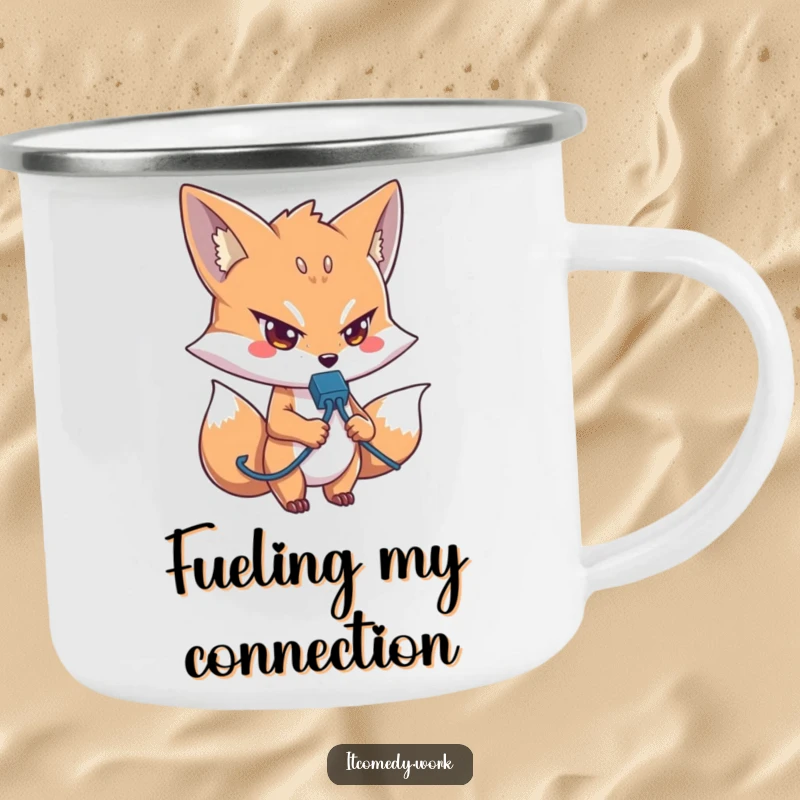 Funny IT Fox Camping Mug: A determined fox with a network cable, ready for outdoor tech tasks, a durable funny gift.