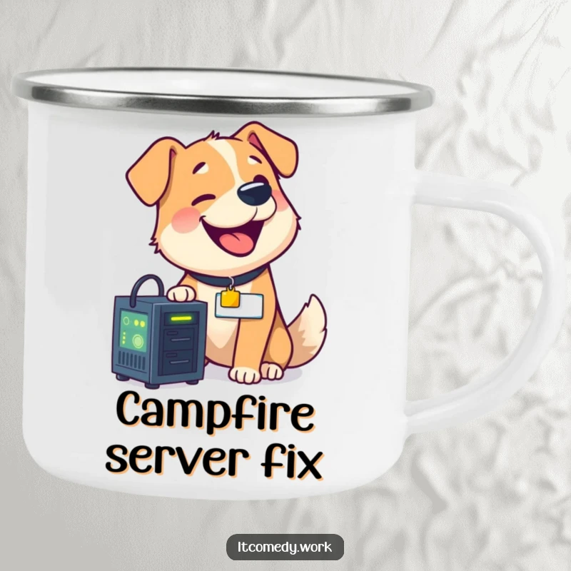 A funny, happy dog wearing a nametag sits by a campfire, humorously fixing a small, glowing server.