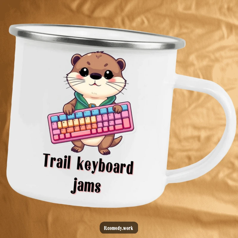 A funny otter in a tiny vest sits by a campfire, holding a large, colorful keyboard, embracing the outdoors.