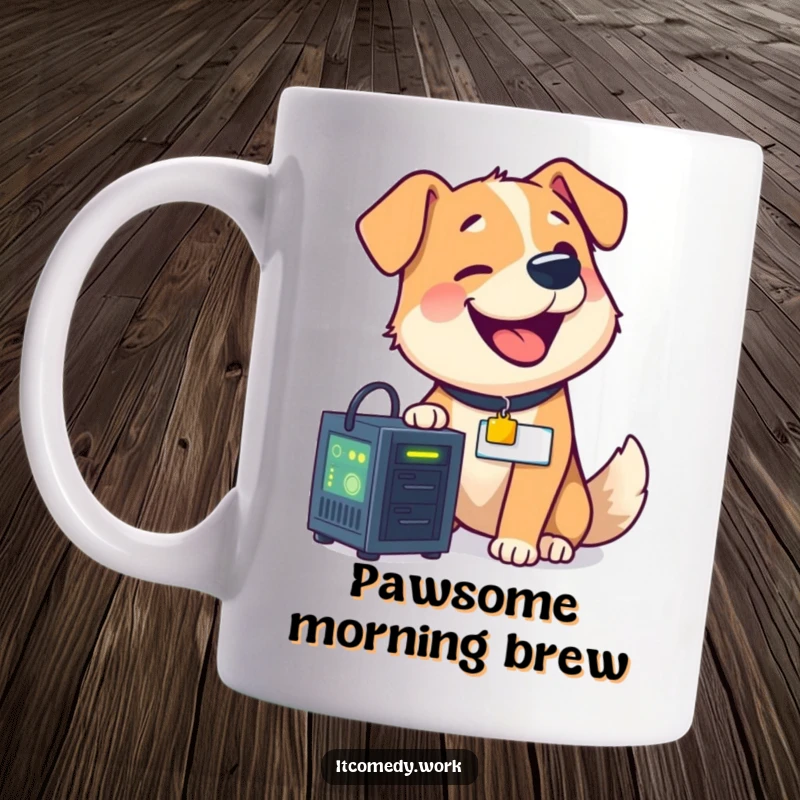 Funny, happy dog with a nametag is diligently repairing a small, glowing computer server with a tool, looking very focused.