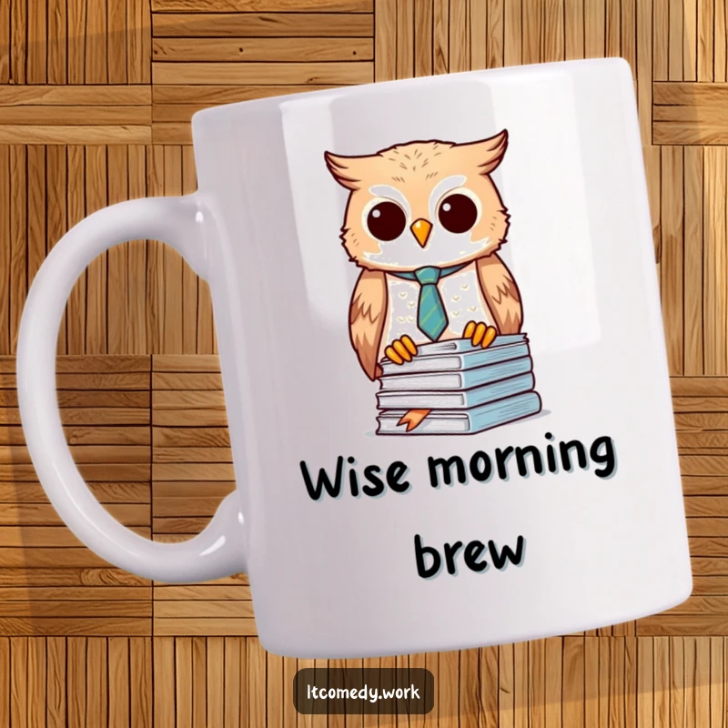 Funny Owl Organizer Mug featuring a diligent owl in a tie, meticulously stacking documents, a perfect funny gift for professionals.