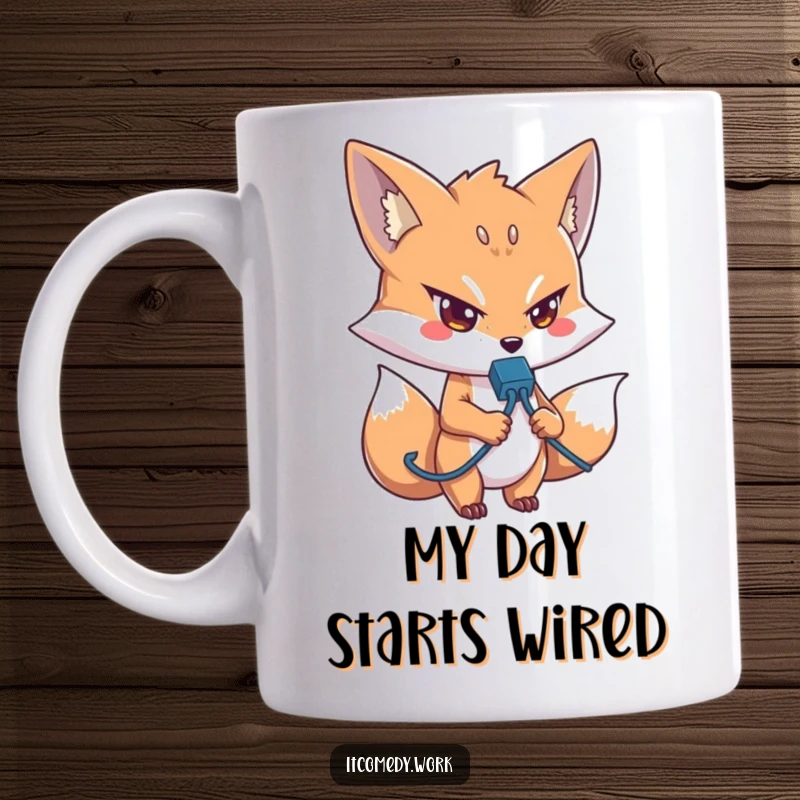 Funny IT Fox Mug: A determined cartoon fox intently grips a network cable, ready to solve tech problems, a perfect funny gift.