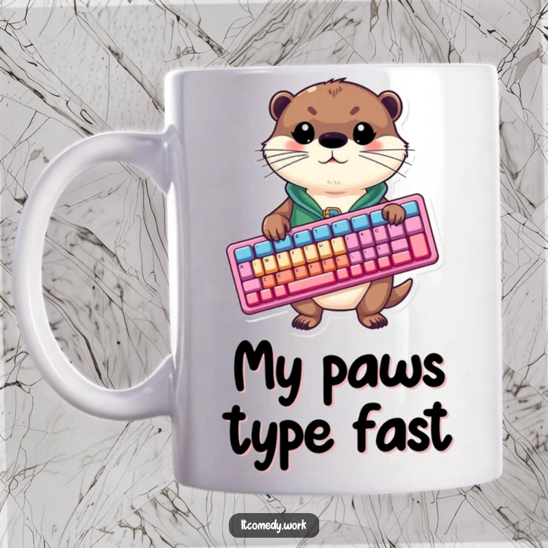 Funny otter in a tiny vest gleefully smashes keys on an oversized, vibrant keyboard, radiating pure joy and tech obsession.