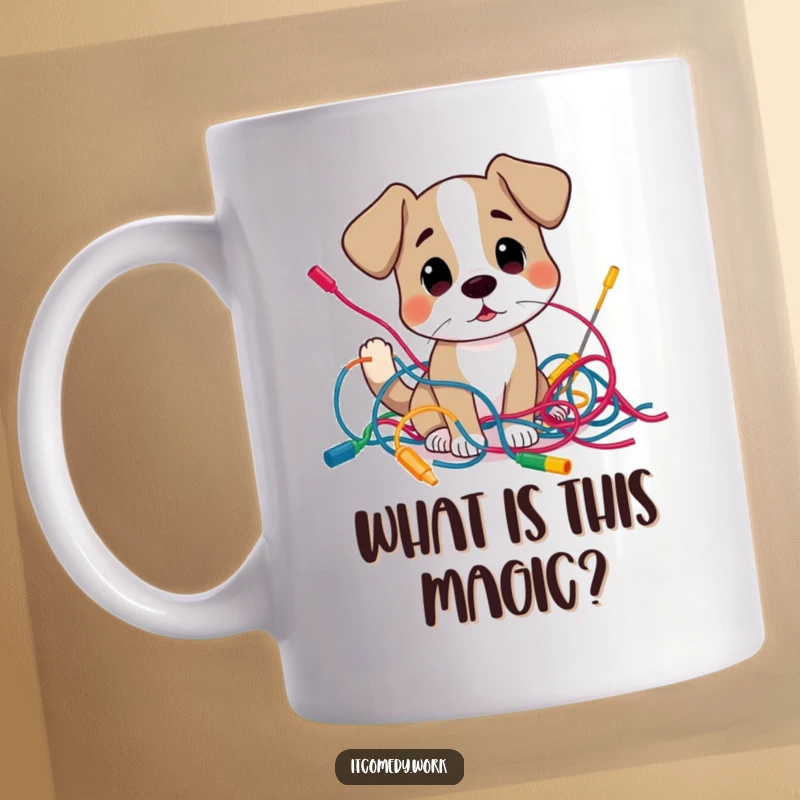 Funny curious dog character intently examining a tangled mess of colorful wires, symbolizing tech confusion and humor.