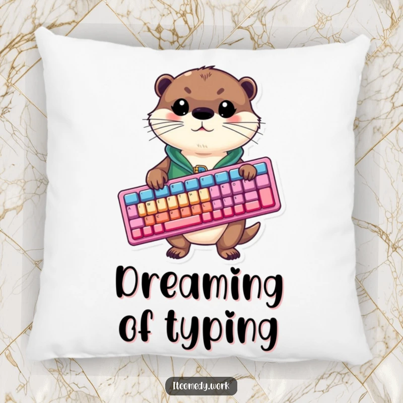 A soft, funny otter in a vest clutches a giant colorful keyboard, ready for a cozy nap or a typing session.