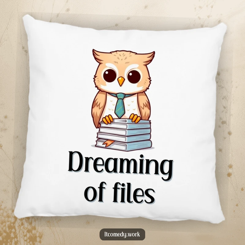 Funny Owl Organizer Pillow featuring a diligent owl in a tie, designed for comfort and focus, a cute funny gift.