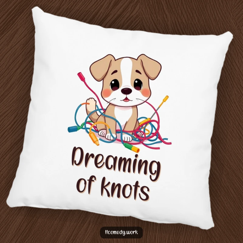 Funny curious dog character examining a tangled mess of colorful wires, featured on a pillow for cozy tech humor.