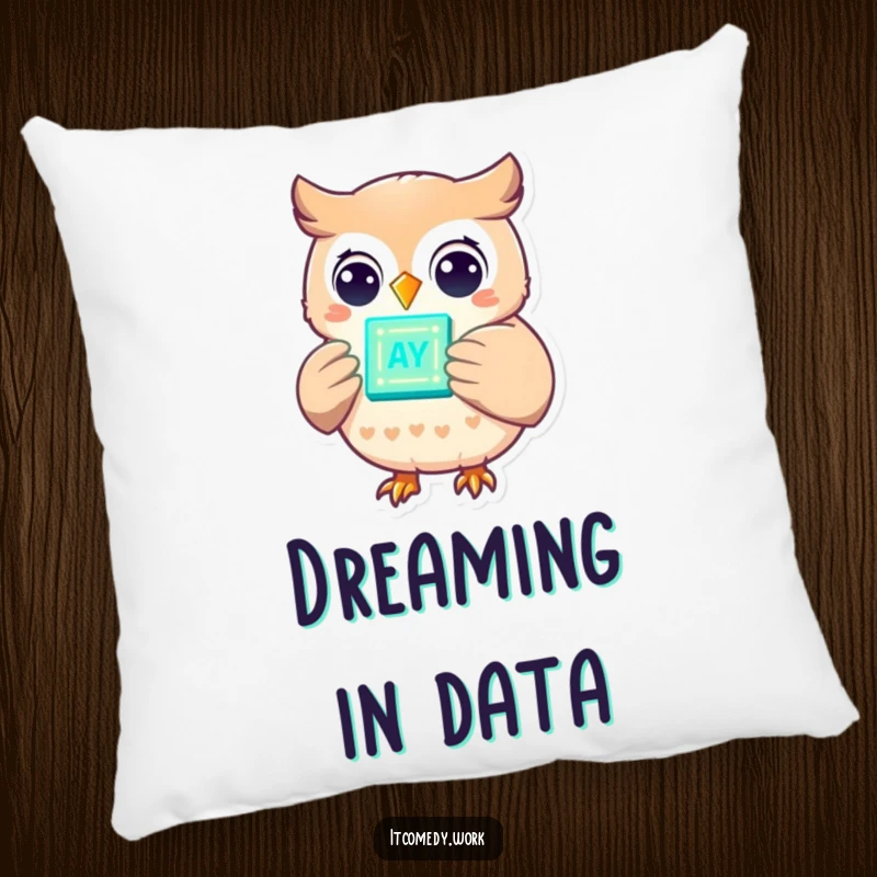 Funny cheerful owl character holding a glowing data chip, featured on a pillow for smart, humorous, and comfy home accents.
