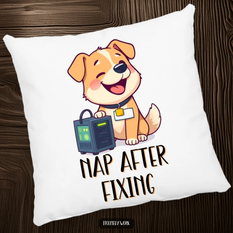 A soft, funny pillow featuring a happy dog with a nametag expertly repairing a small, glowing server.