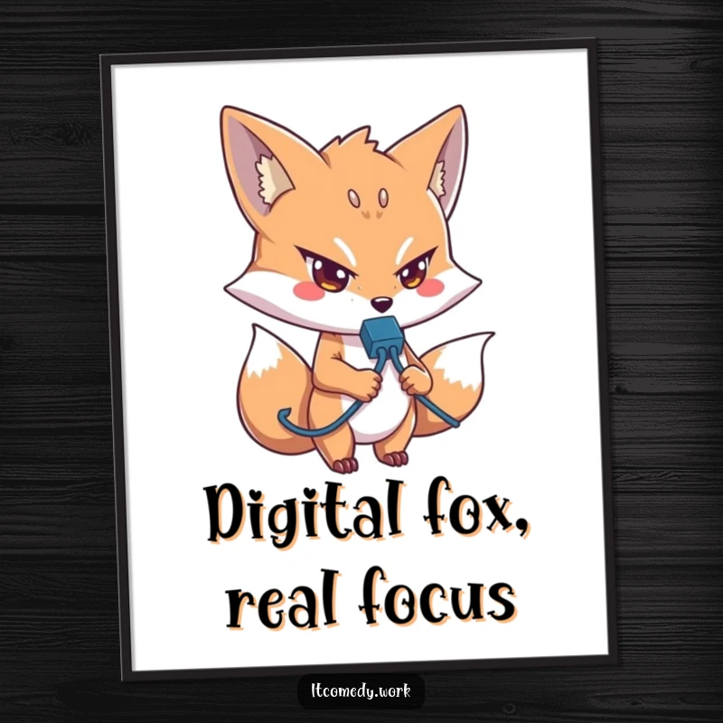 Funny IT Fox Digital Art Print: A determined fox with a network cable, expressing IT focus, ideal for instant funny gift downloads.