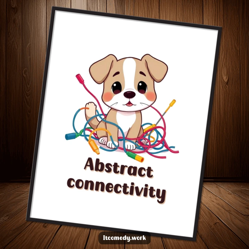 Funny curious dog character examining a tangled mess of colorful wires, as a digital art print for instant humorous decor.