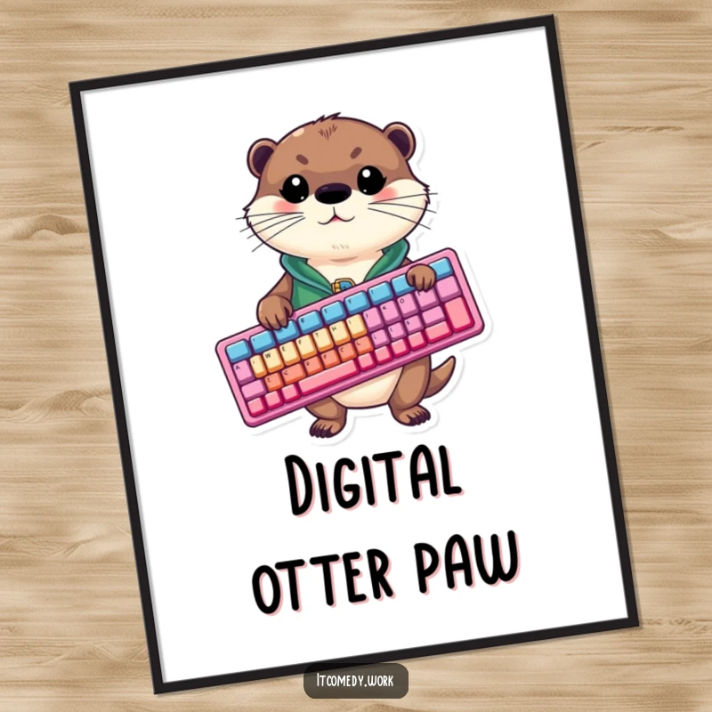 Digital art print of a funny otter in a vest enthusiastically holding a giant, colorful computer keyboard, ready for action.