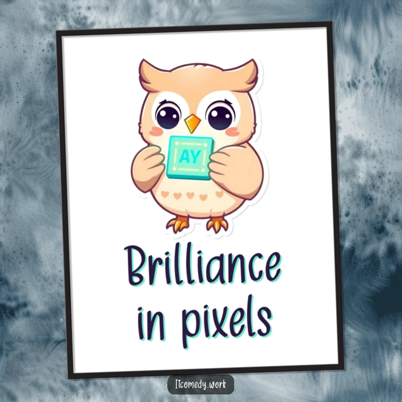 Funny cheerful owl character holding a glowing data chip with lights, as a digital art print for instant smart and humorous decor.