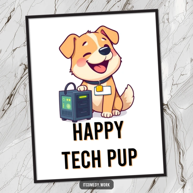 Digital art print of a funny, happy dog with a nametag humorously repairing a small, glowing computer server.