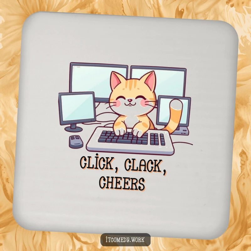 Funny playful cat character typing on a large keyboard with multiple monitors, on a drink coaster for playful tech humor.
