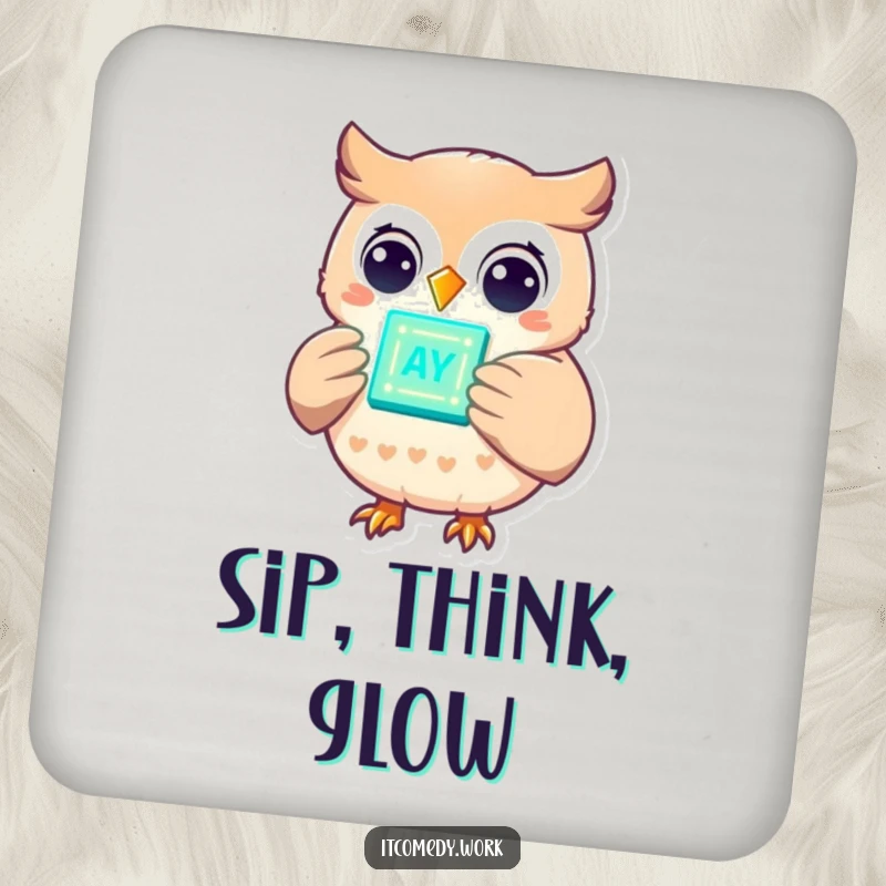 Funny cheerful owl character holding a glowing data chip, on a drink coaster, offering smart and humorous surface protection.