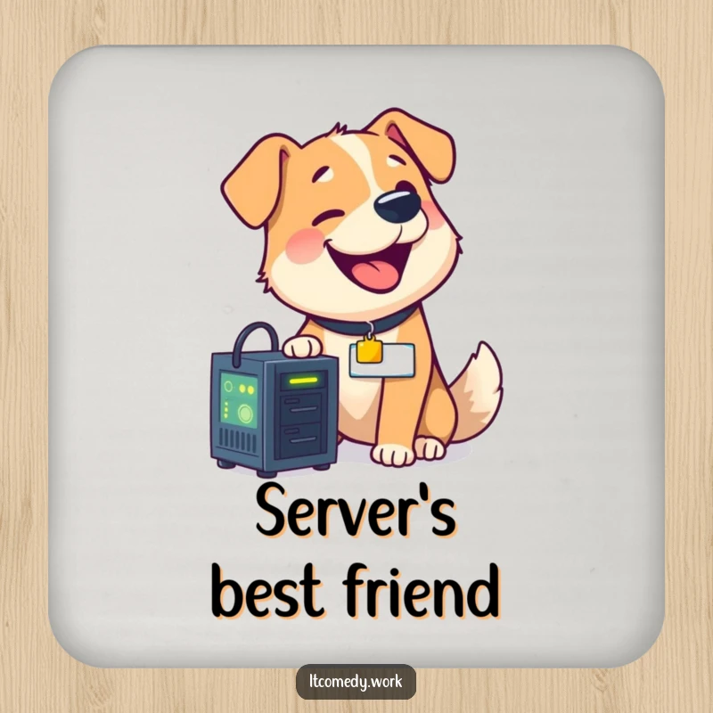 A funny dog with a nametag is humorously depicted fixing a small, glowing computer server on this protective drink coaster.