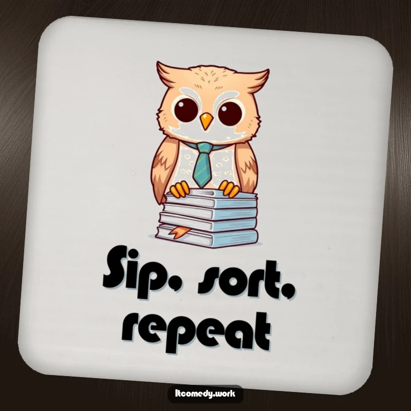 Funny Owl Organizer Coasters featuring a diligent owl in a tie, protecting surfaces with precision, a quirky funny gift.