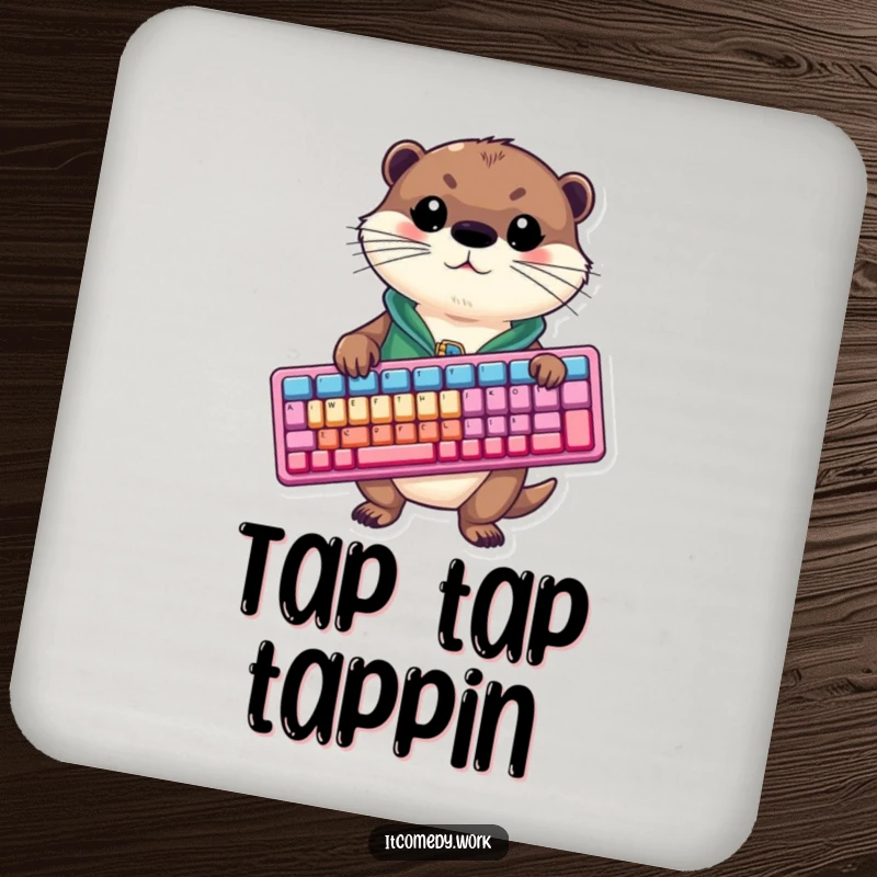 A funny otter in a vest is humorously depicted holding a large computer keyboard on this protective drink coaster.