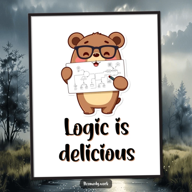 Funny happy bear character in glasses, pointing at a complex flowchart, presented as a poster for intelligent wall decor.
