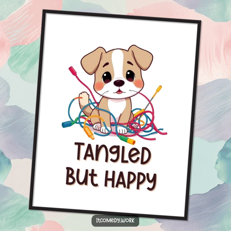 Funny curious dog character examining a tangled mess of colorful wires, presented as a poster for humorous tech decor.
