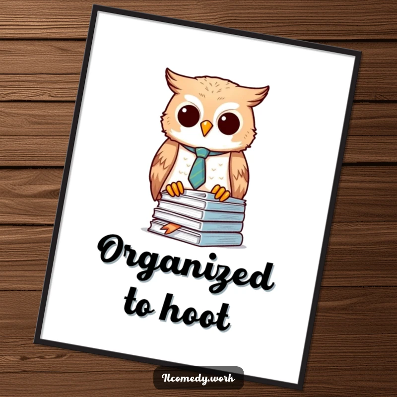 Funny Owl Organizer Poster of a diligent owl in a tie, meticulously stacking documents, a neat funny gift.