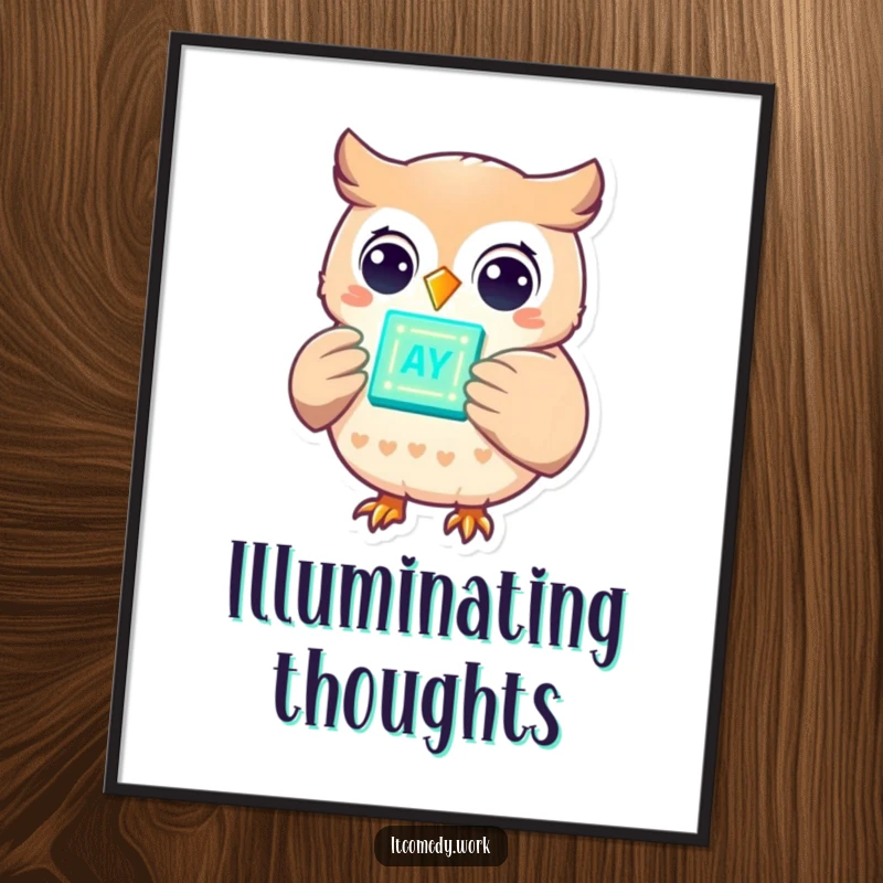 Funny cheerful owl character holding a glowing data chip with lights, depicted in a poster, ideal for smart, humorous decor.