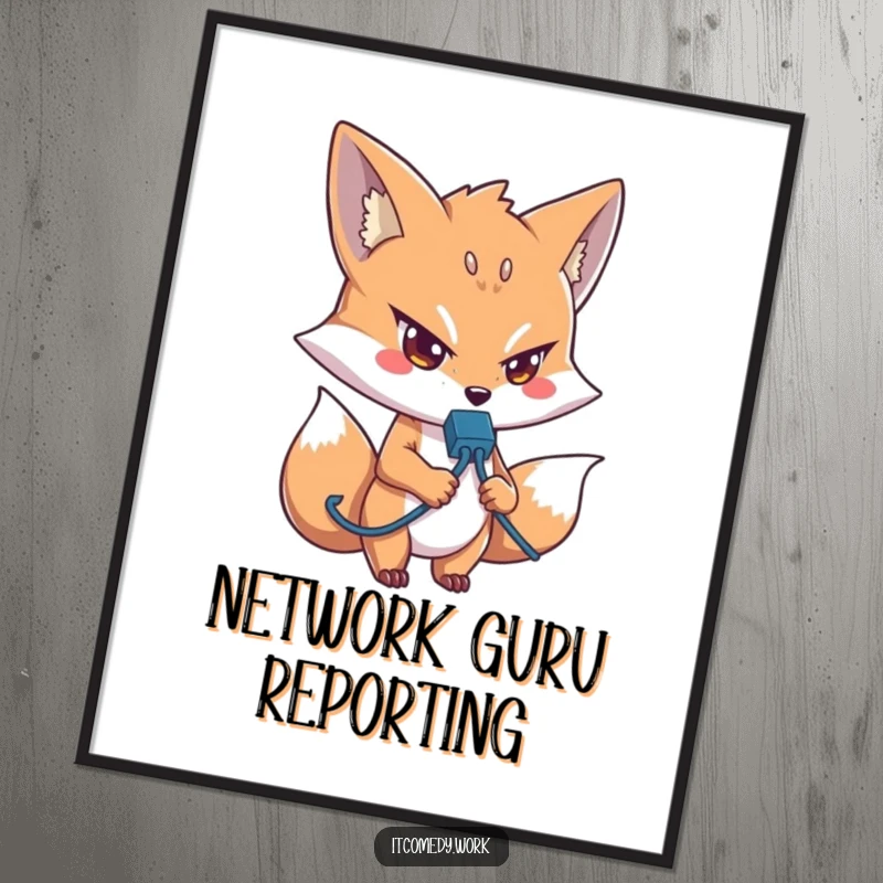 Funny IT Fox Poster: A focused fox holding a network cable, symbolizing IT dedication, a hilarious and funny gift for wall art.