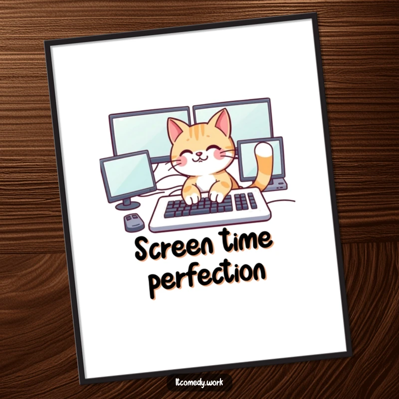 Funny playful cat character typing on a large keyboard with multiple monitors, presented as a poster for humorous tech decor.