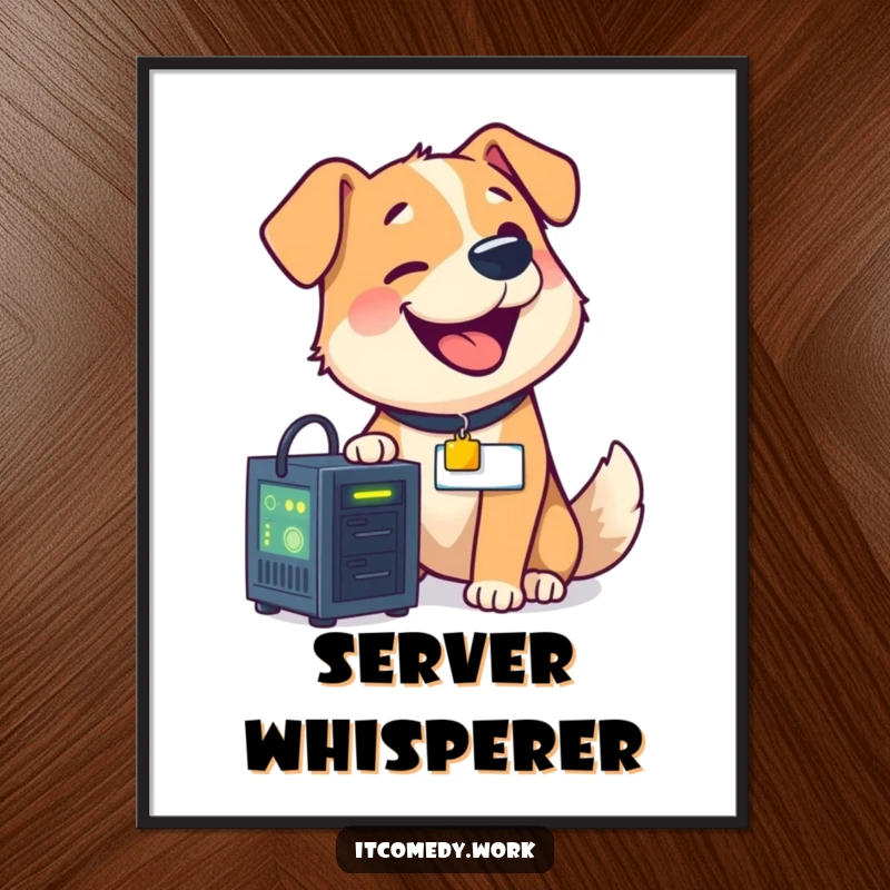 Funny illustration of a happy dog with a nametag fixing a small, brightly glowing computer server, embodying IT support.