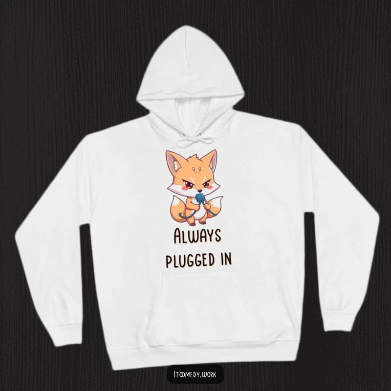 Funny IT Fox Hoodie: A focused fox with a network cable, offering warmth and humor, a perfect funny gift for tech support.