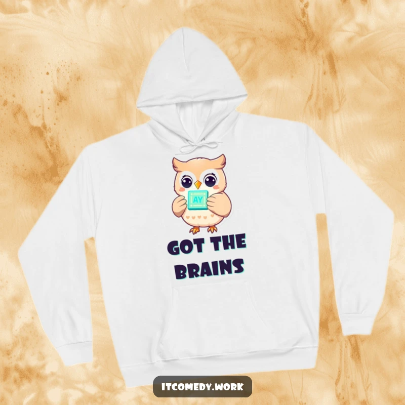 Funny cheerful owl character holding a glowing data chip with twinkling lights, on a cozy hoodie for tech enthusiasts.