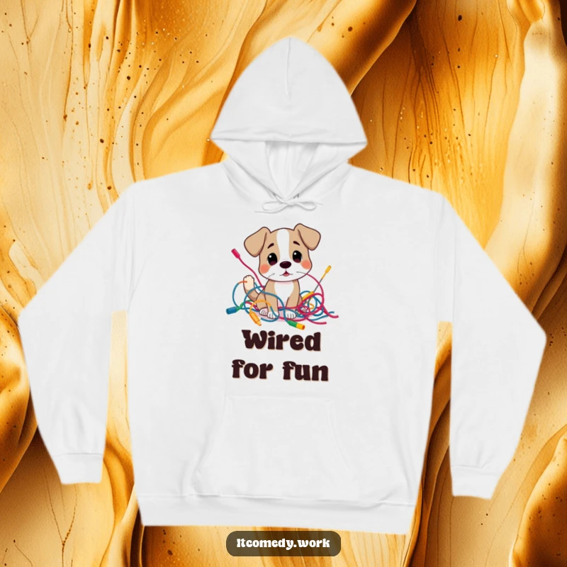 Funny curious dog character examining a tangled mess of colorful wires, on a cozy hoodie for tech lovers.