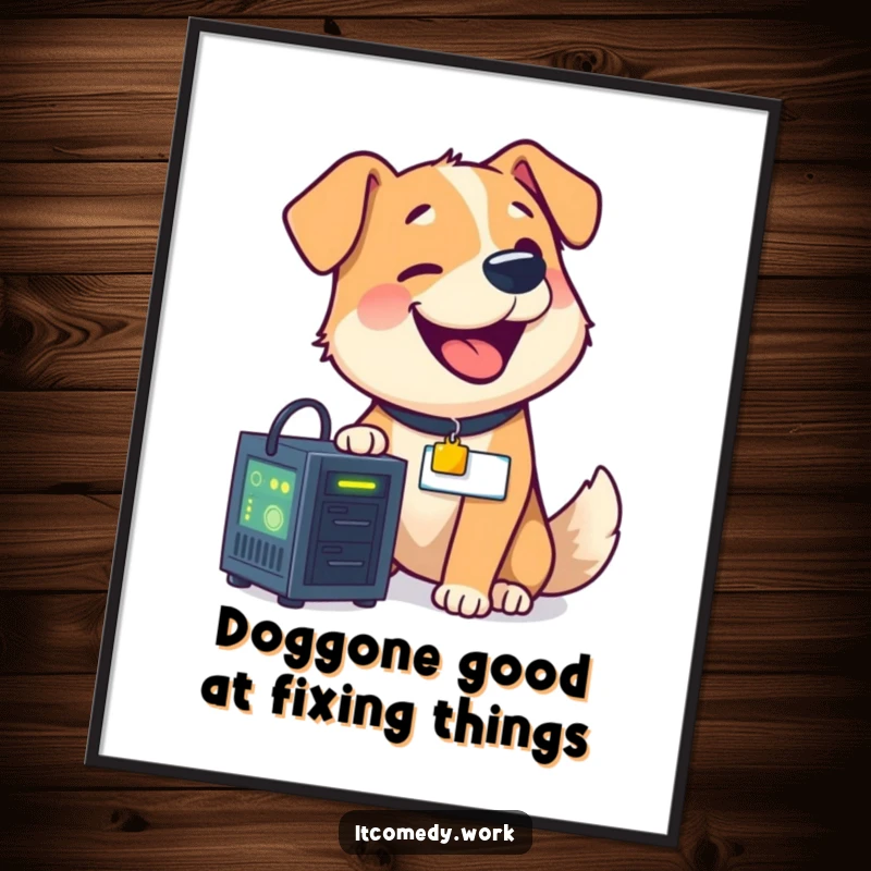 Funny free printable wall art of a happy dog with a nametag, skillfully repairing a small, glowing server, adding tech charm.