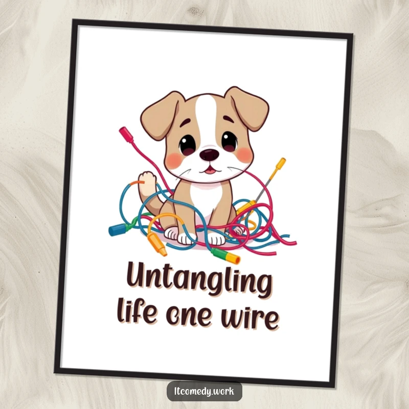 Funny Free Printable Wall Art: A curious dog examining a tangled mess of colorful wires, creating creative chaos.