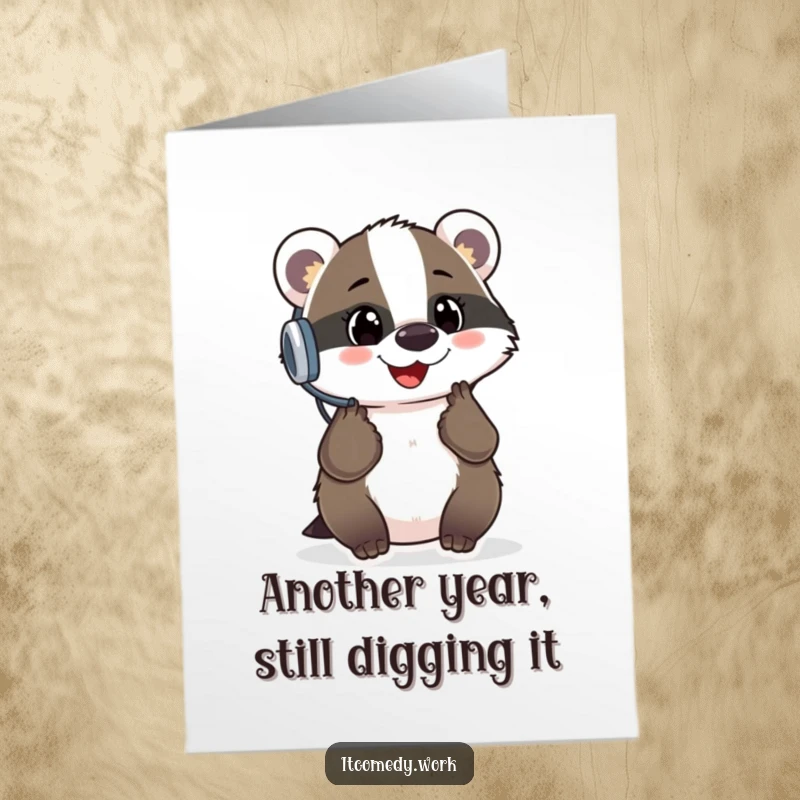 Funny Free Printable Birthday Card, a cheerful badger in a headset, looking intrigued by a glowing question mark.