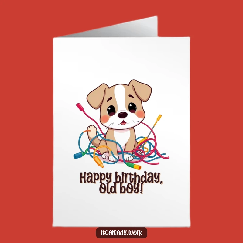 Free Printable Birthday Card: Dog's Tangled Fun - Funny Downloadable Gift