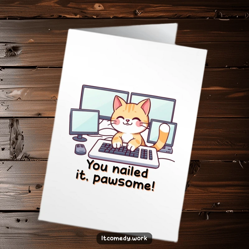 Funny Free Printable Congratulations Card: A playful cat typing on a large keyboard with multiple monitors, celebrating success.