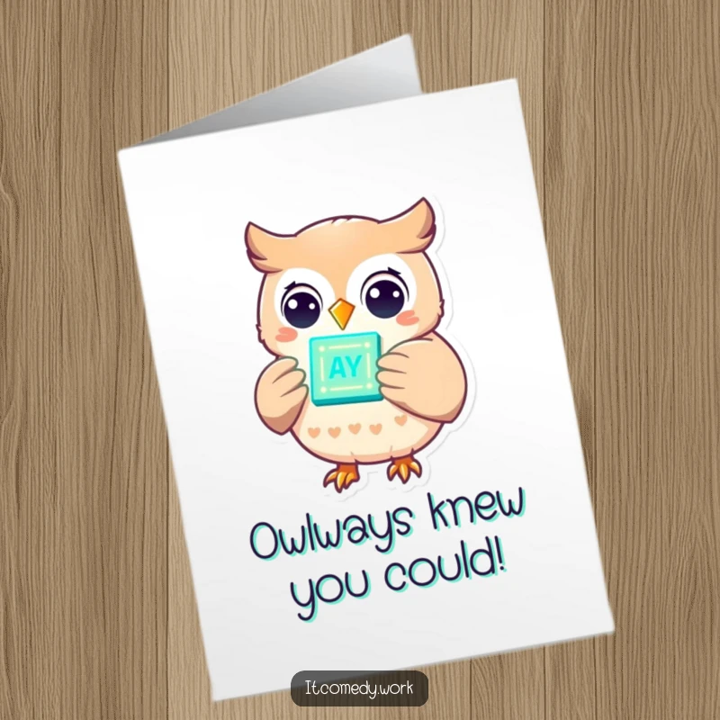 Funny Free Printable Congratulations Card: A cheerful owl holding a glowing data chip with twinkling lights, celebrating achievements.