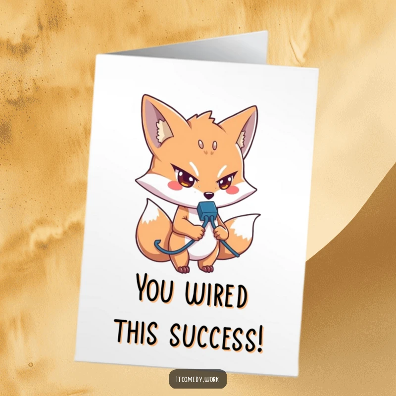 Funny Free Printable Fox Tech Congratulations Card: Fox holding network cable, symbolizing successful connection and achievements.