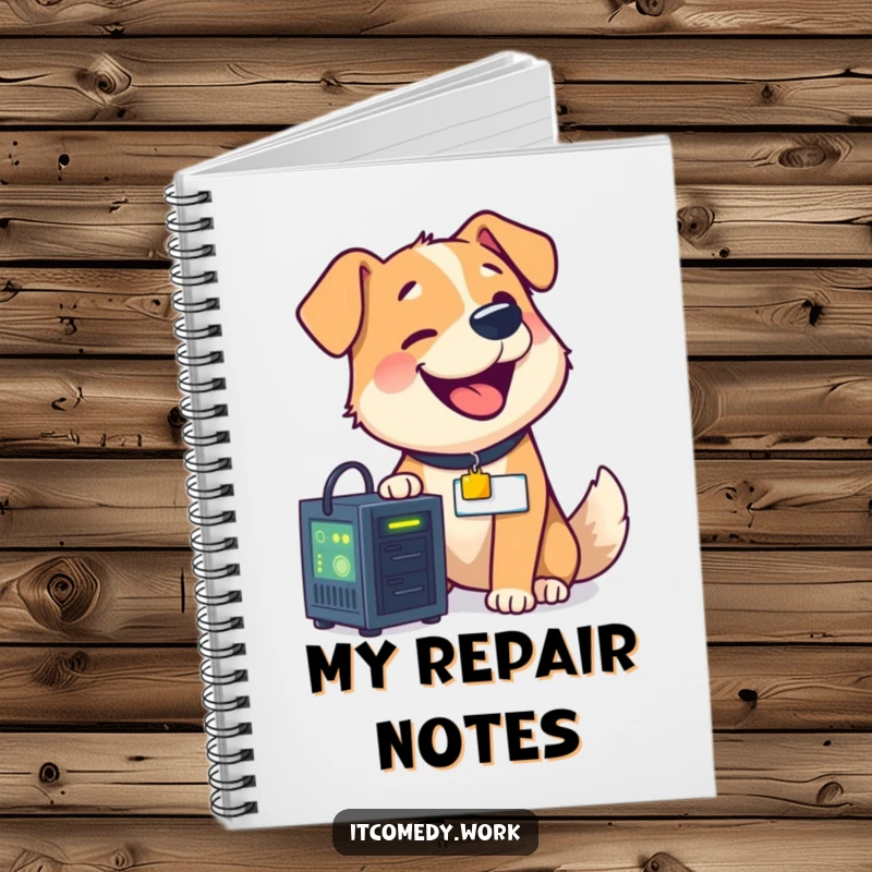 Cover of a funny notebook featuring a happy dog with a nametag fixing a small, glowing computer server.