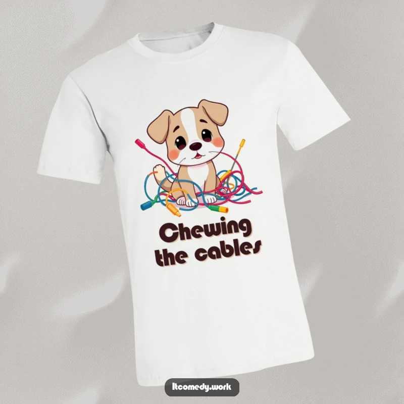 Funny curious dog character examining a tangled mess of colorful wires, printed on a t-shirt for relatable tech humor.