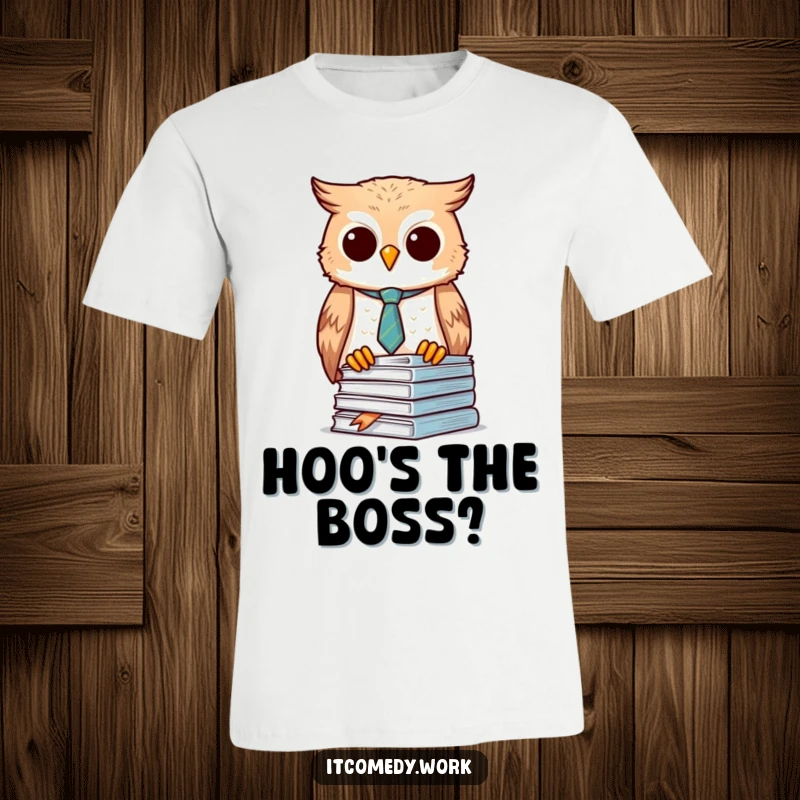 Funny Owl Organizer T-Shirt with a diligent owl in a tie, organizing documents, a great funny gift for workaholics.