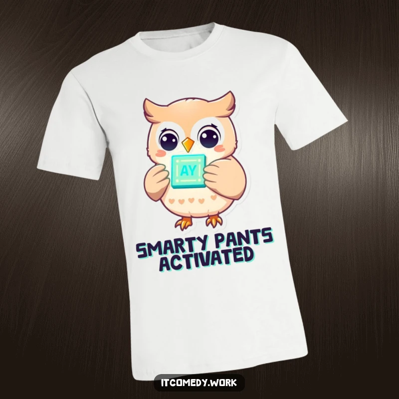 Funny cheerful owl character grips a glowing data chip with lights, perfect for a smart and humorous t-shirt design.