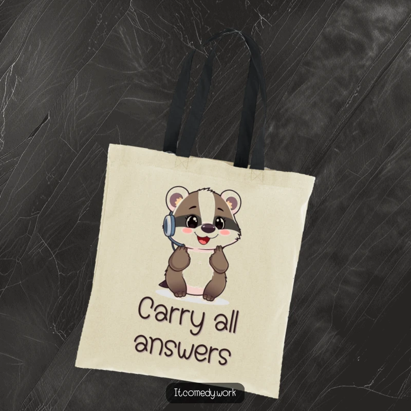 Funny Badger Support Tote Bag showing a cheerful badger with a headset, ready to answer questions, a useful funny gift.