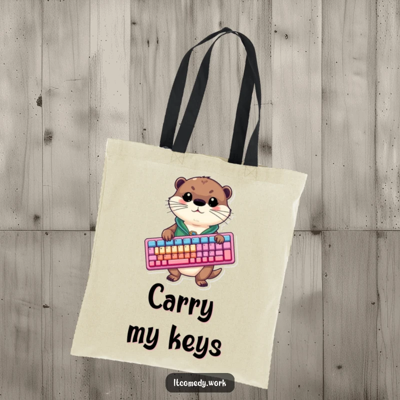 A cheerful otter in a small vest proudly carries a giant, colorful keyboard, making this a funny and functional tote bag.