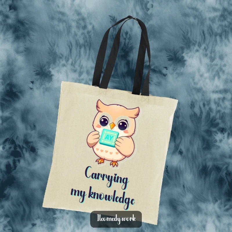 Funny cheerful owl character holding a glowing data chip, on a tote bag, symbolizing knowledge and tech on the go.